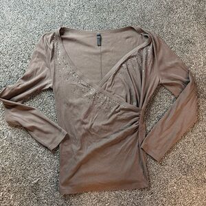 Tee Shop Crossed V-neck Jeweled Long Sleeve Top Shirt X-Large Brown